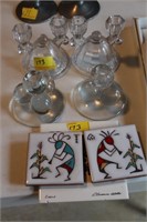 2 PAIR OF CANDLE HOLDERS AND 2 DECORATED TILES