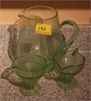 GREEN DEPRESSION PITCHER AND 2 CREAMERS
