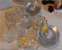 ASSORTED CLEAR GLASS; PLATES, TOOTH PICK HOLDER,