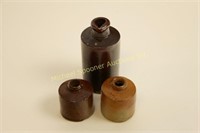 TWO STONEWARE INKWELLS AND ONE DISPENSER