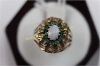 ESTATE 9K YELLOW GOLD OPAL AND EMERALD RING