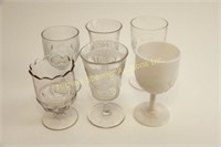 FIVE PRESSED GLASS CANADIANA GOBLETS + ONE SPOONER