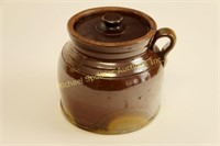 EARLY BROWN GLAZED COVERED CROCK WITH HANDLE