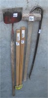 Sledge hammer, flat spade, crow bar and (2)