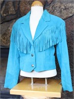 Blue Leather Suede Fringed Western Jacket