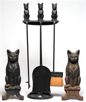 Black Cat Fireplace Tools & Andirons Set, ca. 1920