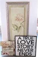 "Peony" Framed Art & (2) Pieces of Faux Wood Art