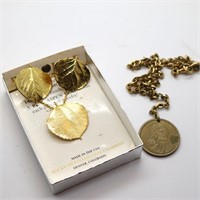 Gold Covered Aspen Leaf Necklace & Earrings &