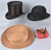 4-VINTAGE HATS, STOVE PIPE, DERBY, STRAW & MORE