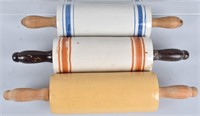 3- STONEWARE ROLLING PINS, BANDED AND YELLOW WARE