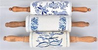 3-BLUE DECORATED ROLLING PINS, VINTAGE