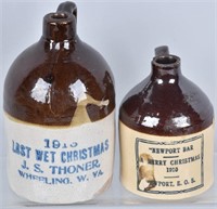 2-MERRY CHRISTMAS STONEWARE JUGS, 1910 & 1913