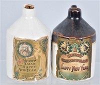 2-MERRY CHRISTMAS PAPER LABEL STONEWARE JUGS