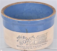 BLUE and WHITE STONEWARE ADVERTISING CROCK