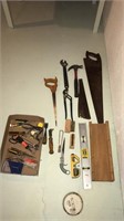 Miter, Saws, level, laser plus assorted tools