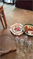 Lot of holiday wine glasses and serving pieces
