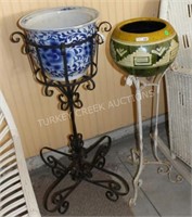 2 POTTERY PLANTERS W/ WROUGHT IRON STANDS