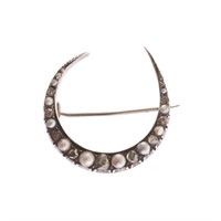A Pearl & Diamond Crescent Moon Brooch in Gold