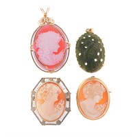 A Trio of Cameos and a Jade Pendant in Gold