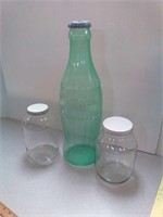 Plastic Coke bottle Bank and 2 glass jars with