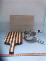 Foley food mill and 2 wood cutting boards