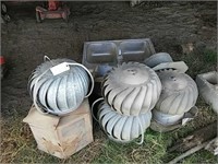 Assorted attic fans and 1 stainless steel sink