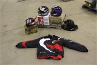 (4) SNOWMOBILE HELMETS WITH (1) SNOWMOBILE JACKET