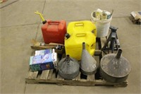 (3) TIN FUNNELS, (4) FUEL CANS, (2) JACK STANDS,