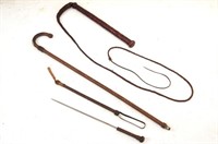 Oxblood leather bull whip, quirt and cane