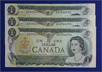 Three 1973 Consecutive Number $1 Bills