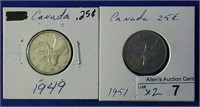 1949 & 1951 Canada Silver Quarters