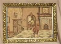 Domestic Scene Framed European Textile.