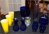 Blue and Yellow glass pieces & vases, glass cups