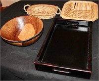 2 Wicker Baskets, Wooden Bowl, Serving Tray