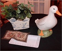 Duck Figurine, Tray, Plant and pot
