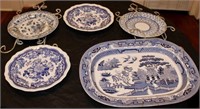 4 Blue Decorative Plates, 1 Platter