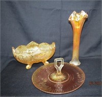 3 pieces coloured glass, vase 13", 10" footed