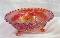 Carnival glass footed ruffled edge bowl 7.5 X 3.25