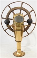 Antique Brass Ship's Binnacle, Compass & Wheel