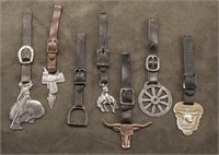 Group of 7 antique leather Watch Chains and Fobs