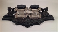 Antique Cast Iron Egyptian Goddess Double Inkwell