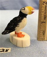 2" carved and scrimmed white ivory puffin by Leona