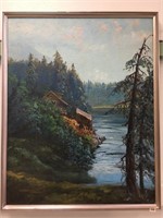 31 x 24.5" original oil of a sea side cabin - unsi