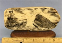 Scrimshaw on ancient walrus ivory, 6" - men in a s