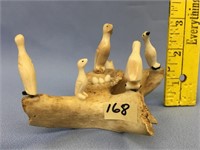 5" vertebrae with carved ivory birds, a nest with