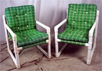 Pair Of Pvc Patio Chairs W/ Green Cushions