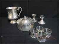 Silver mug, candlesticks, covered dish and 4