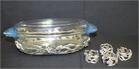 Pewter oval casserole tray with casserole and 4