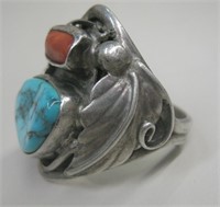 Huge Sterling Silver Turquoise & Coral Mans Ring