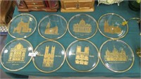 8 Clear Plates W/ Gold Pictures of Landmarks